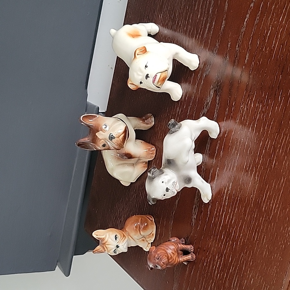 Set of 5 Vintage BULLDOG figures, 1 wood, 4 porcelain